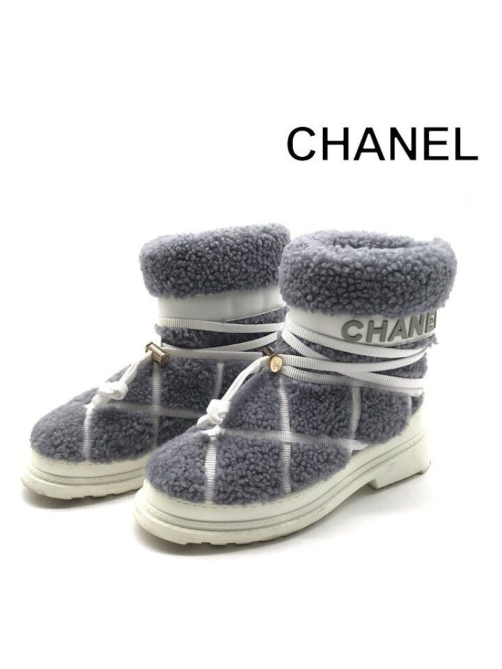 Chanel CC Logo Shearling Snow Boots Quilted Style Gray Shoes
